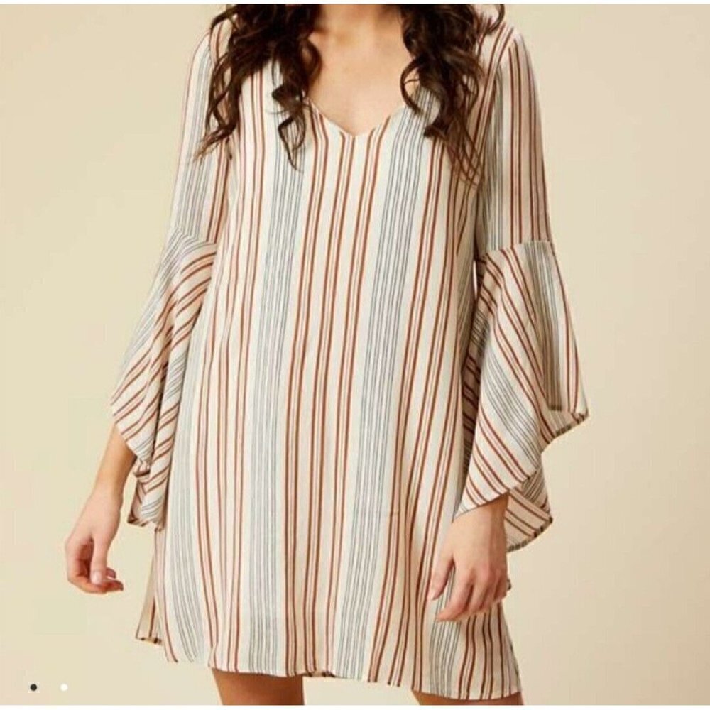 Altar’d State Tazewell Striped Mini Dress Rust Blue Bell Sleeved Lined Women's S